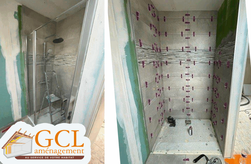 Pose receveur extra plat et carrelage mural douche